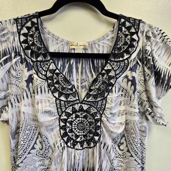 World Unity Y2K Women's Flowy Boho Tunic Top Beaded Neckline Waterfall Hem Blous - Picture 3 of 11